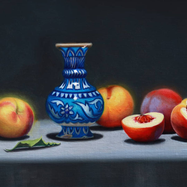 Australian Artist (ARC Living Master) Vicki Sullivan Painting ~ 'Peaches with Persian Tznik Vase' - Curate Art & Design Gallery Sorrento Mornington Peninsula Melbourne