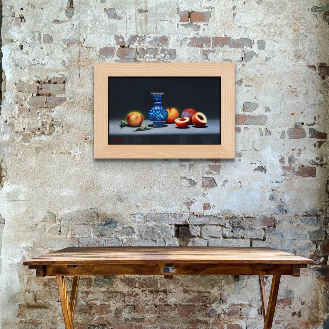Australian Artist (ARC Living Master) Vicki Sullivan Painting ~ 'Peaches with Persian Tznik Vase' - Curate Art & Design Gallery Sorrento Mornington Peninsula Melbourne