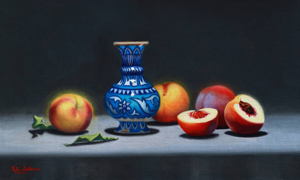 Australian Artist (ARC Living Master) Vicki Sullivan Painting ~ 'Peaches with Persian Tznik Vase' - Curate Art & Design Gallery Sorrento Mornington Peninsula Melbourne
