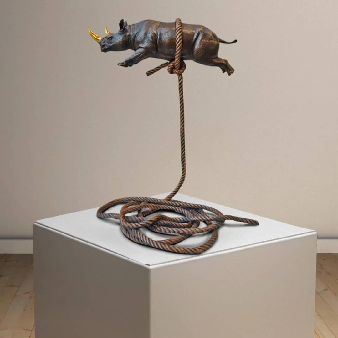 Gillie and Marc Bronze Sculpture ~ 'Flying Rhino on Short Rope with Gold Horn' - Curate Art & Design Gallery Sorrento Mornington Peninsula Melbourne