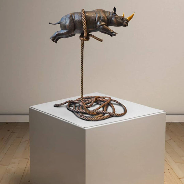 Gillie and Marc Bronze Sculpture ~ 'Flying Rhino on Short Rope with Gold Horn' - Curate Art & Design Gallery Sorrento Mornington Peninsula Melbourne