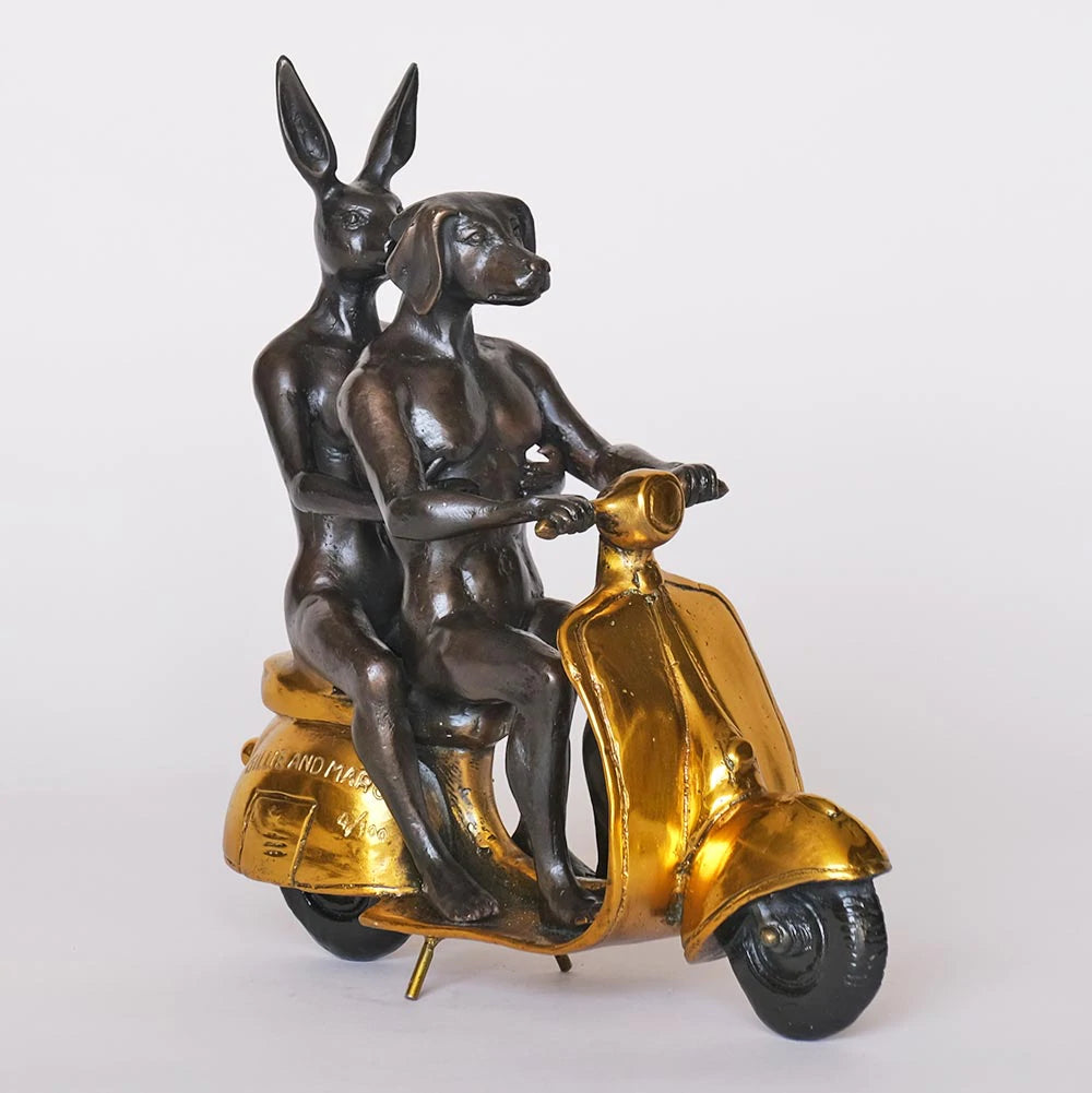 Gillie and Marc Bronze Sculpture ~ 'They Were the Authentic Vespa Riders' (Gold) - Curate Art & Design Gallery Sorrento Mornington Peninsula Melbourne