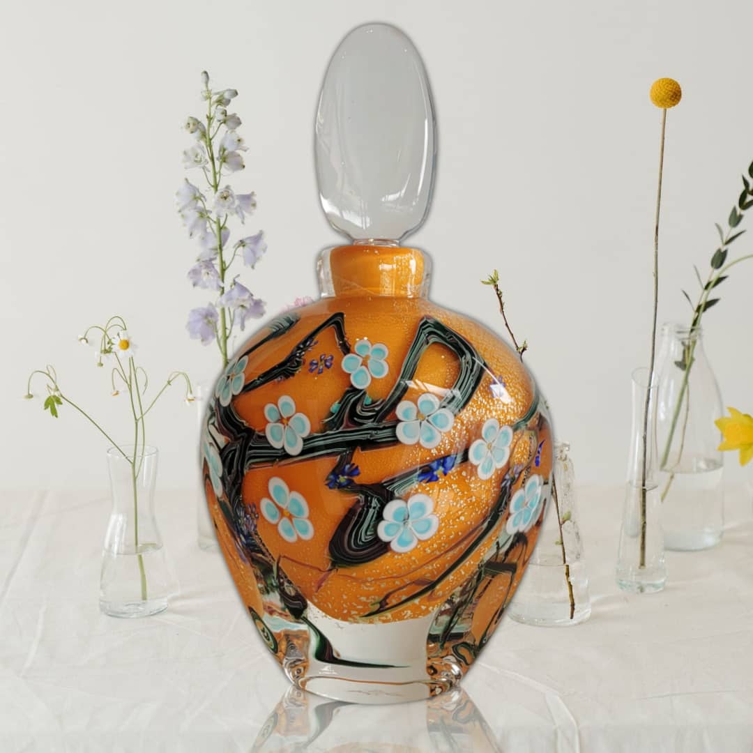 Anne Clifton Glass ~ 'Wildflower Bottle in Orange with Blue Flowers' - Curate Art & Design Gallery Sorrento Melbourne