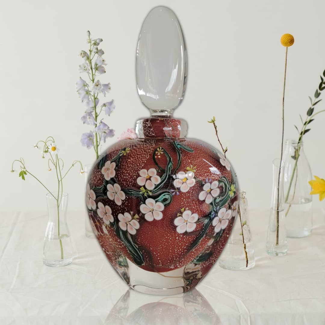 Anne Clifton Glass ~ 'Wildflower Bottle in Pomegranate with Pink Flowers' - Curate Art & Design Gallery Sorrento Melbourne