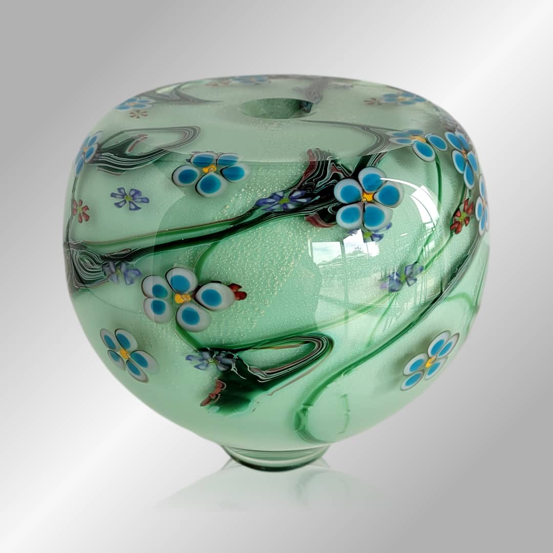 Australian Artist Anne Clifton Glass ~ 'Wildflower Vase, Celedon with Aqua Flowers' - Curate Art & Design Gallery in Sorrento Mornington Peninsula Melbourne