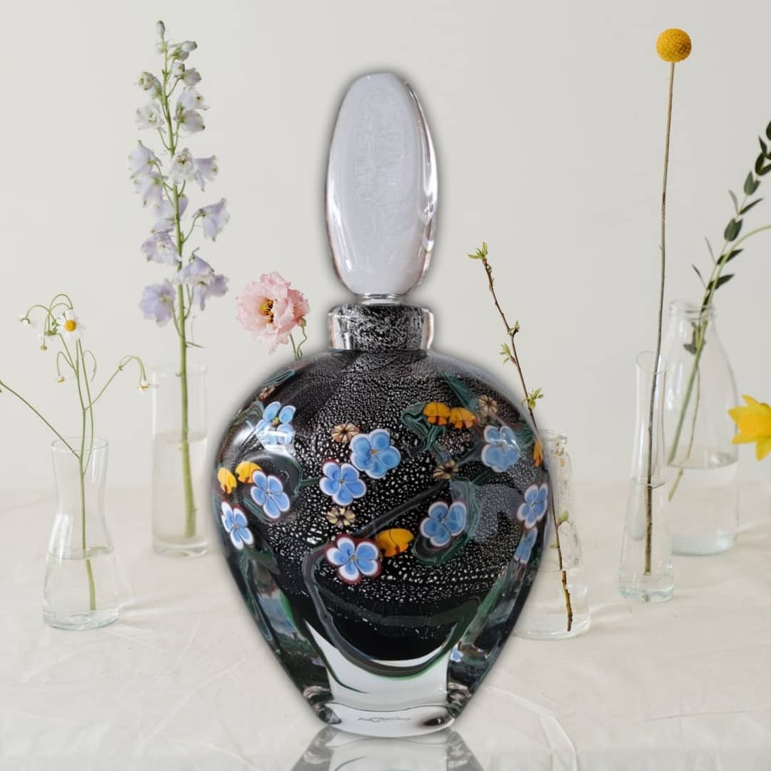 Anne Clifton Glass ~ 'Wildflower Bottle in Black with Blue Flowers' - Curate Art & Design Gallery Sorrento Melbourne