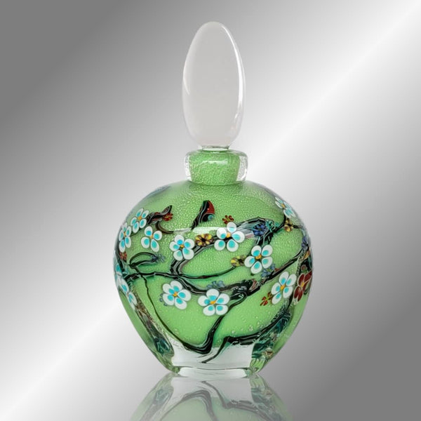 Australian Glass Artist Anne Clifton ~ 'Wildflower Bottle, Kiwi with Aqua Blue Flowers' - Curate Art & Design Gallery in Sorrento Mornington Peninsula Melbourne
