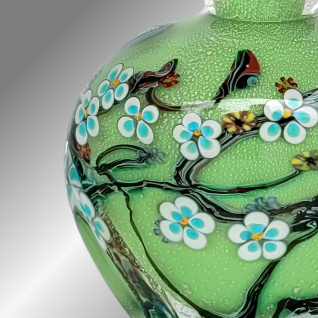 Australian Glass Artist Anne Clifton ~ 'Wildflower Bottle, Kiwi with Aqua Blue Flowers' - Curate Art & Design Gallery in Sorrento Mornington Peninsula Melbourne