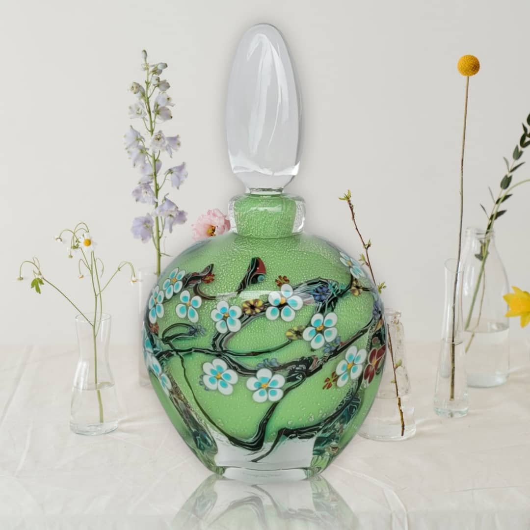 Australian Glass Artist Anne Clifton ~ 'Wildflower Bottle, Kiwi with Aqua Blue Flowers' - Curate Art & Design Gallery in Sorrento Mornington Peninsula Melbourne