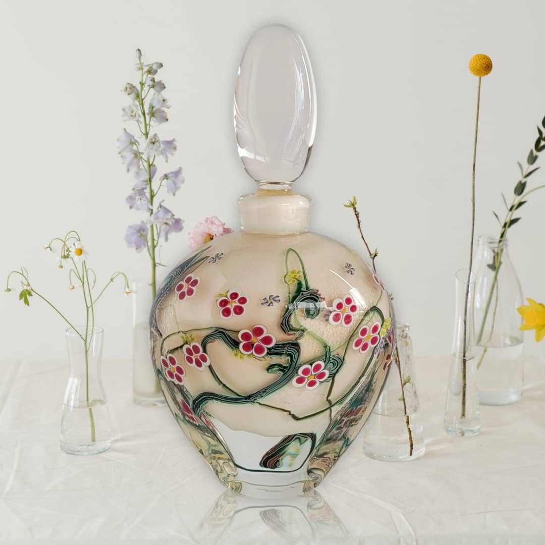 Australian Glass Anne Clifton Glass ~ 'Wildflower Bottle, Primrose with Ruby Flowers' - Curate Art & Design Gallery in Sorrento Mornington Peninsula Melbourne