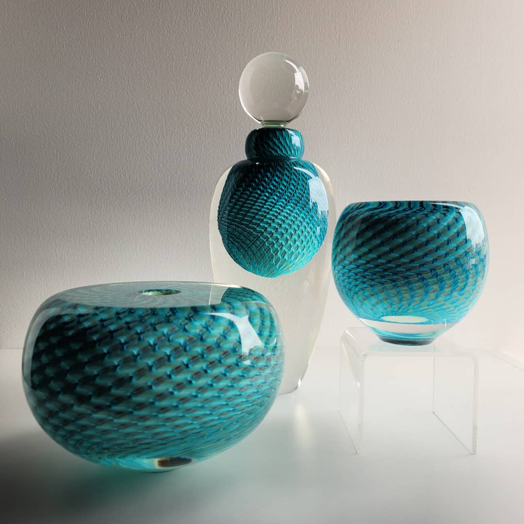 Peter Bowles Glass ~ 'Caneworks Bottle in Aqua' - Curate Art & Design Gallery Sorrento Mornington Peninsula