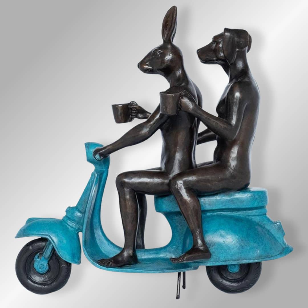 Gillie and Marc Bronze Sculpture ~ 'Their Morning Ride Started With Coffee and a Kiss' (Blue) - Curate Art & Design Gallery Sorrento Mornington Peninsula Melbourne