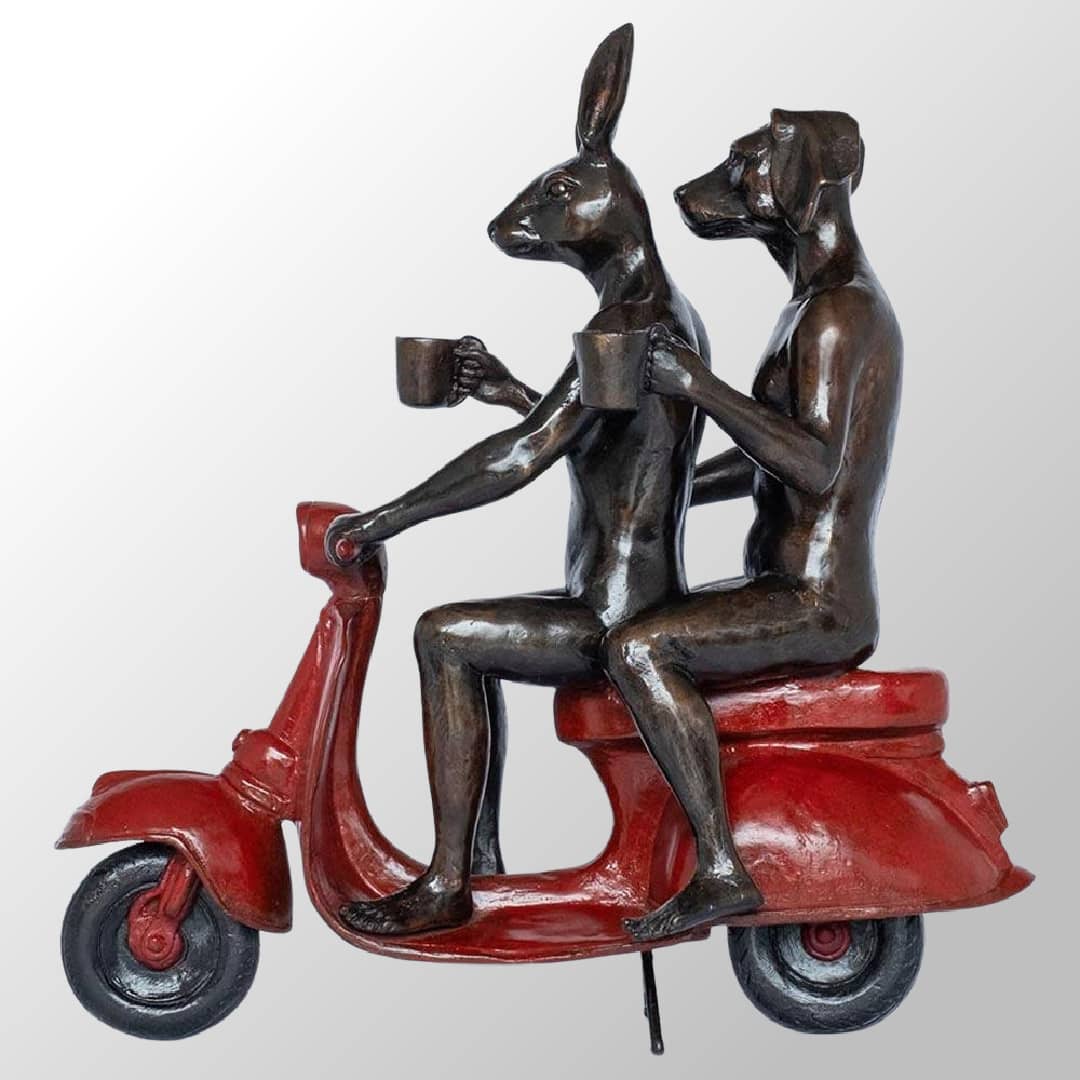 Gillie and Marc Bronze Sculpture ~ 'Their Morning Ride Started With Coffee and a Kiss' (Red) - Curate Art & Design Gallery Sorrento Mornington Peninsula Melbourne