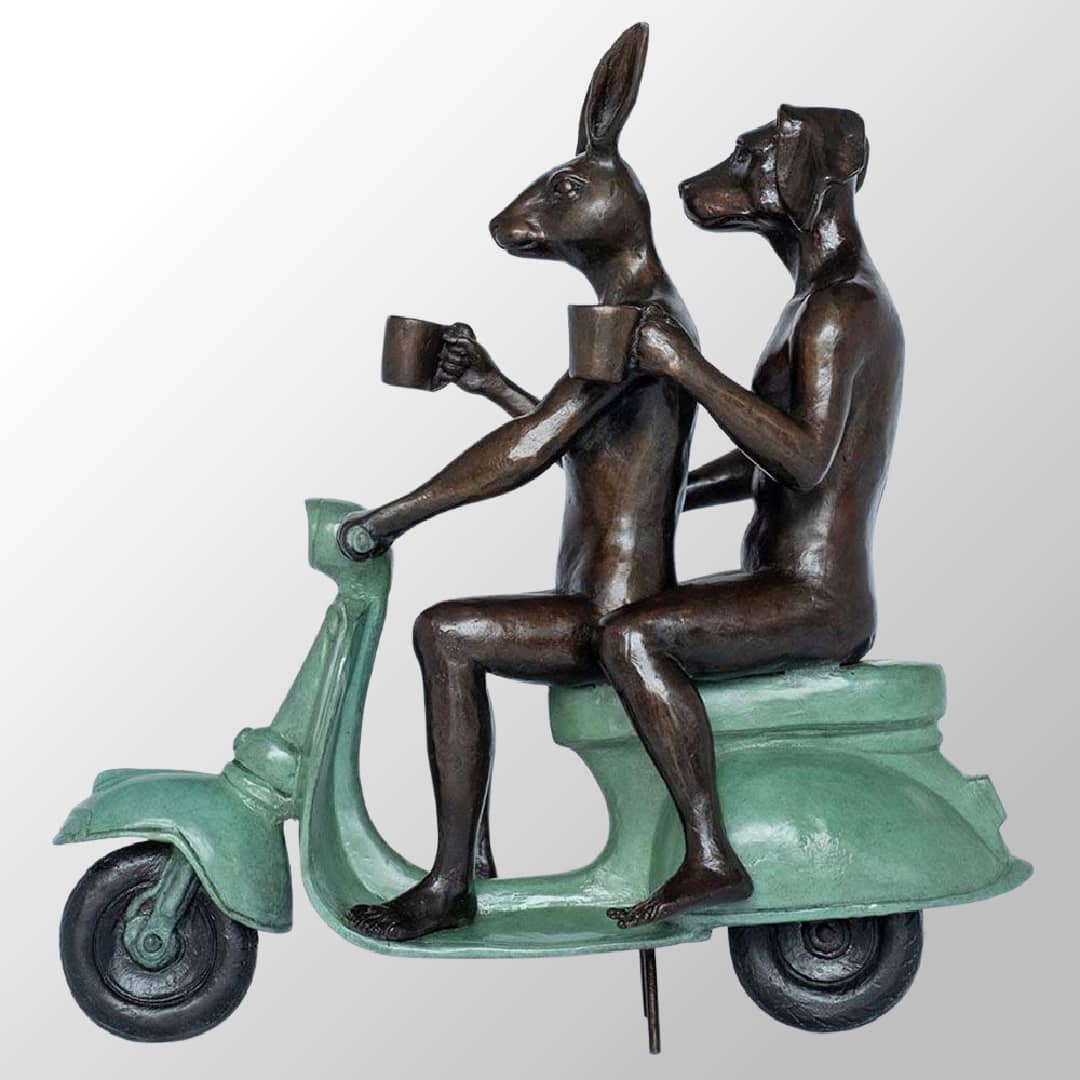 Gillie and Marc Bronze Sculpture ~ 'Their Morning Ride Started With Coffee and a Kiss' (Turq) - Curate Art & Design Gallery Sorrento Mornington Peninsula Melbourne