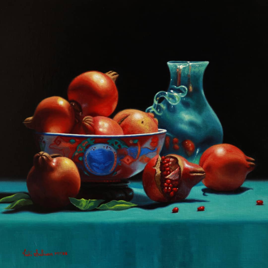 Peninsula-Based Australian Artist Vicki Sullivan Painting ~ 'Imari Bowl with Pomegranates' - Curate Art & Design Gallery Sorrento Mornington Peninsula Melbourne