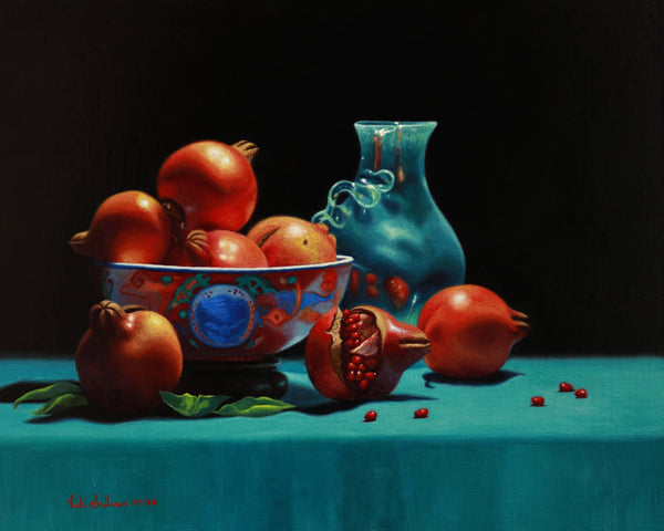 Peninsula-Based Australian Artist Vicki Sullivan Painting ~ 'Imari Bowl with Pomegranates' - Curate Art & Design Gallery Sorrento Mornington Peninsula Melbourne