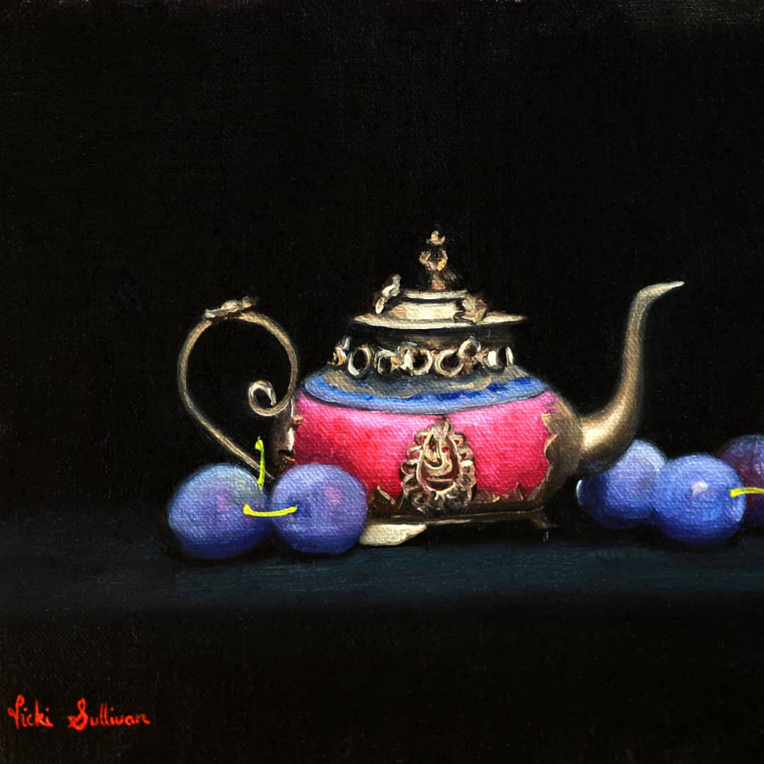 Peninsula-Based Australian Artist Vicki Sullivan Painting ~ 'Pink Chinese Teapot with Damson Plums' - Curate Art & Design Gallery Sorrento Mornington Peninsula Melbourne