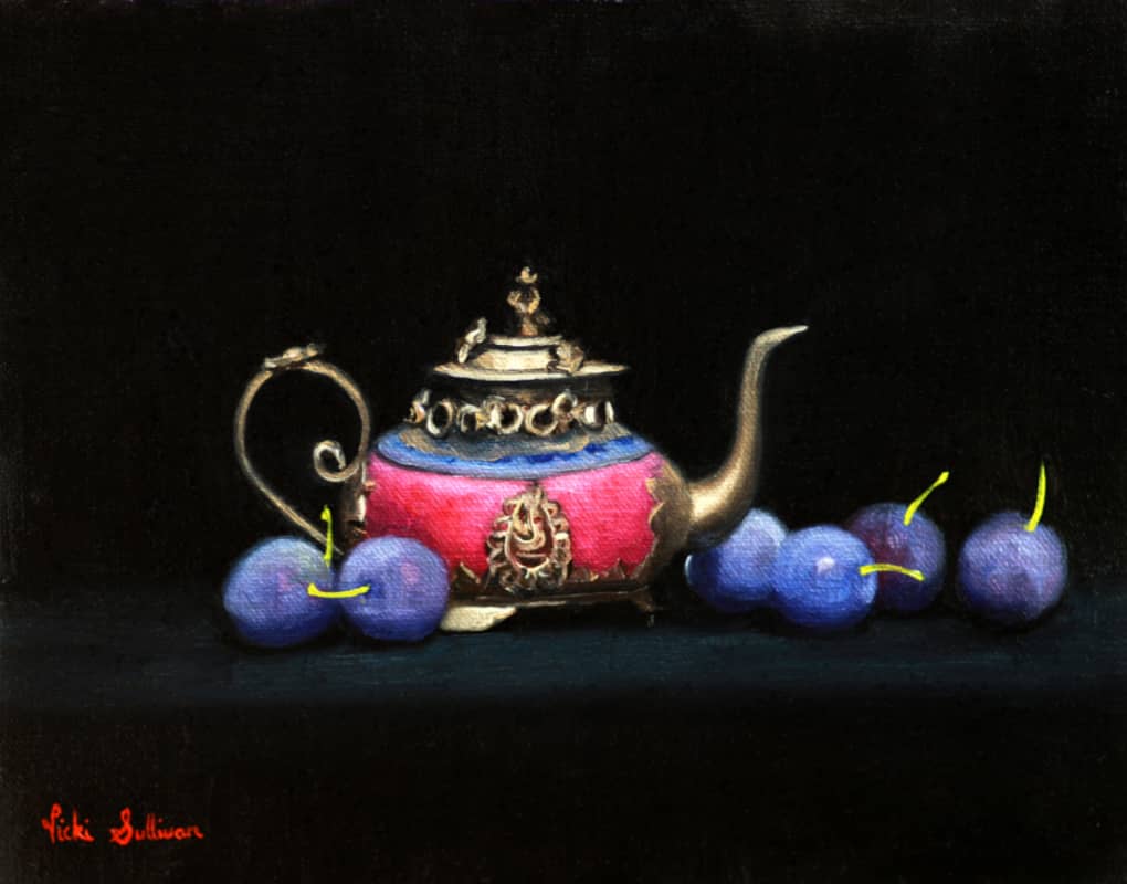 Peninsula-Based Australian Artist Vicki Sullivan Painting ~ 'Pink Chinese Teapot with Damson Plums' - Curate Art & Design Gallery Sorrento Mornington Peninsula Melbourne